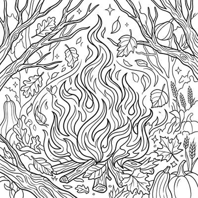 Immerse yourself in the warm glow of autumn with this detailed coloring page featuring a crackling campfire. Surrounded by falling leaves and harvest elements, it's the perfect way to celebrate the cozy spirit of fall.