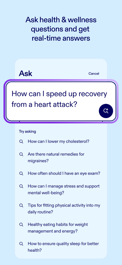Health Answers by Pfizer - Health Answers by Pfizer app interface showing the search screen with a health question about heart attack recovery