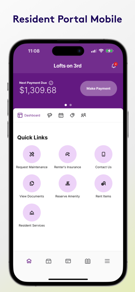 Dashboard dell'app Portale Residenti Mobile che mostra lo stato dei pagamenti dell'affitto e i link alle richieste di manutenzione