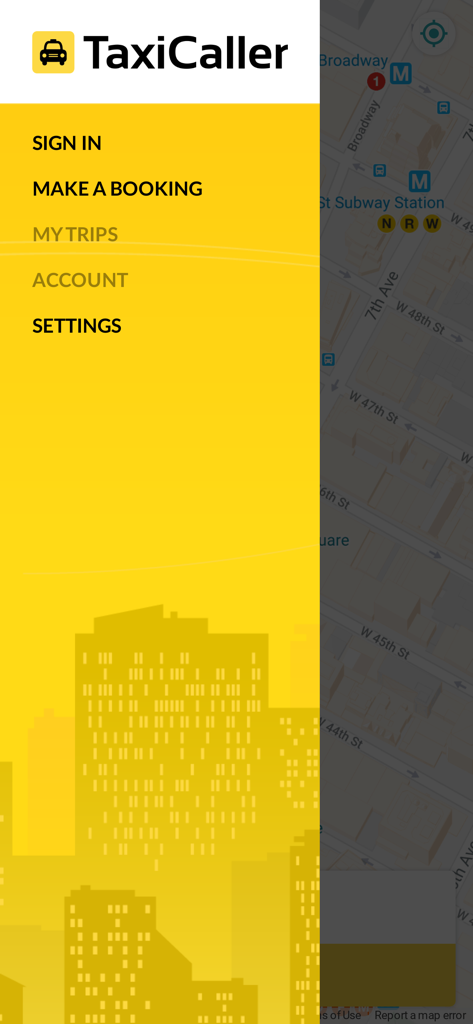TaxiCaller - for passengers - Sidebar menu of the TaxiCaller passenger app showing options for booking and account settings