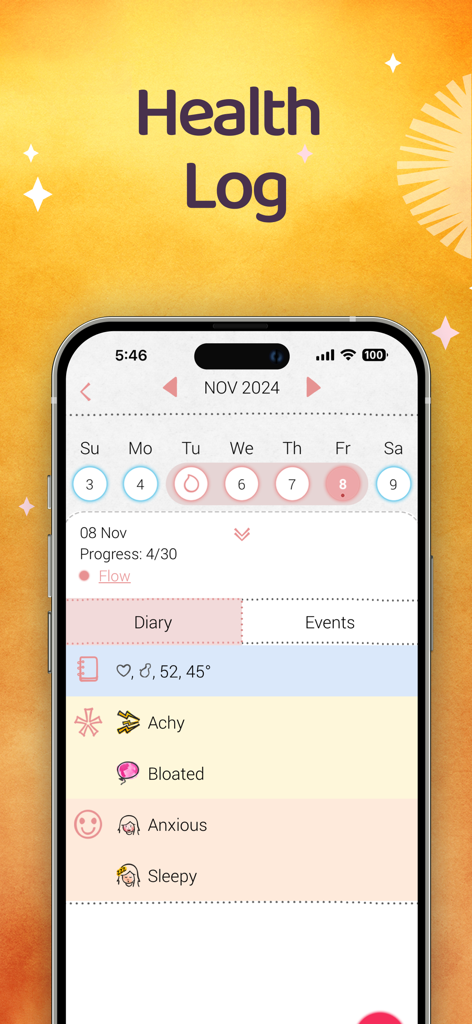 The health log interface of the Maya app showing symptoms like achy and bloated and a menstrual cycle calendar.
