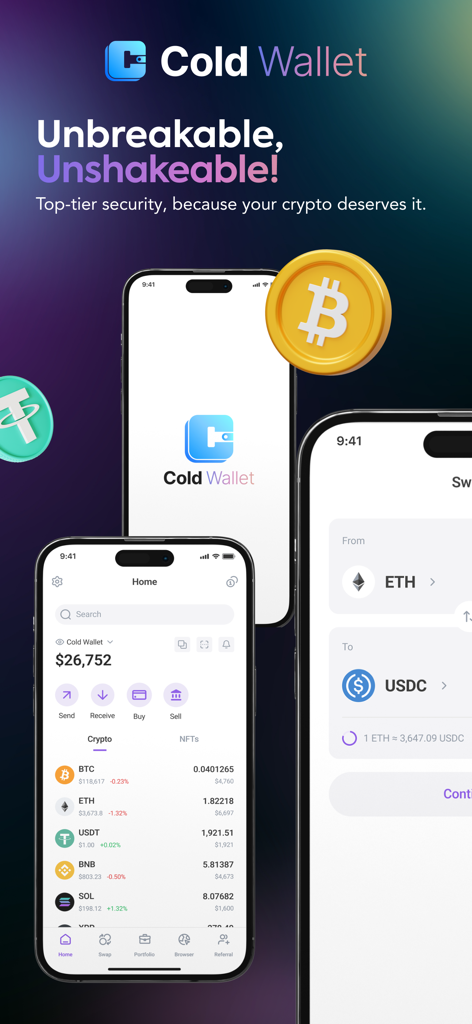 콜드 월렛 앱 인터페이스가 모바일 기기에서 포트폴리오 개요와 토큰 스왑 기능을 보여줍니다.