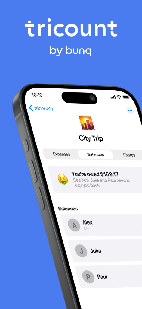 Smartphone screen displaying the Tricount app balances page for a city trip showing amounts owed by friends.