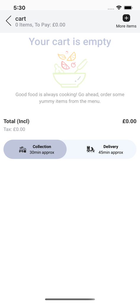 NOODLE- BOX - Pantalla de carrito de compras vacío en la aplicación Noodle Box con opciones de entrega y recogida.