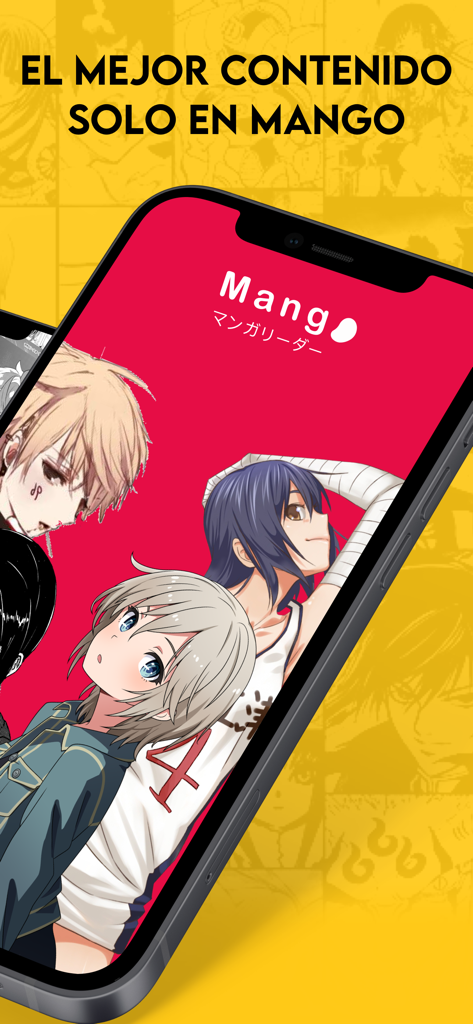 Mango Manga: Comics y Novelas - Mango Manga app splash screen with anime characters and Spanish text