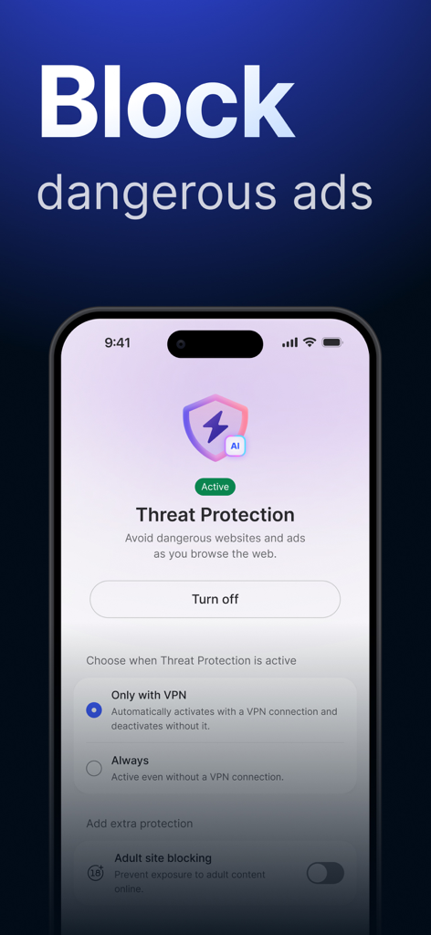 Smartphone screen showing NordVPN Threat Protection feature to block dangerous ads and websites