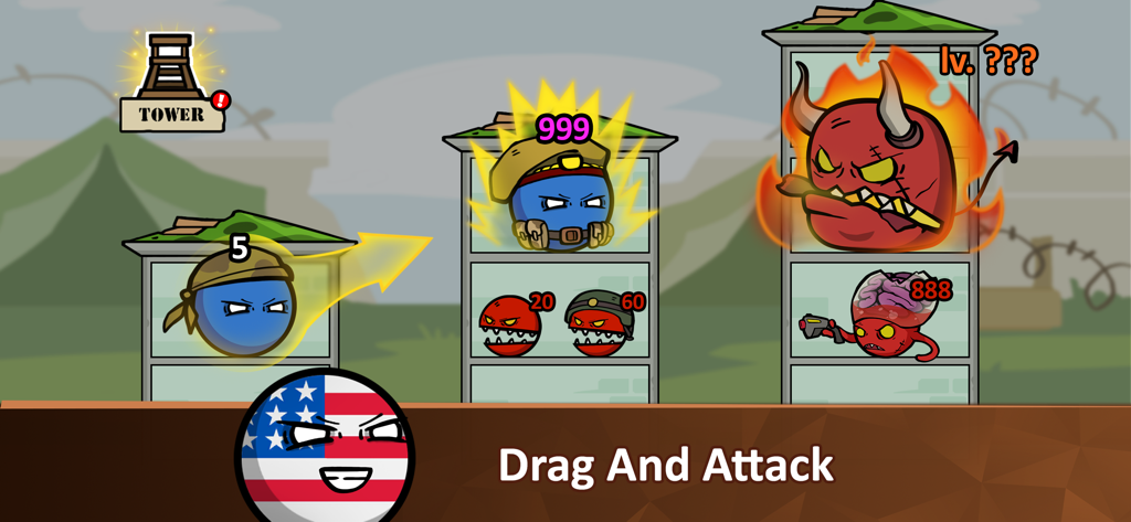 Countryballs - Zombie Attack - A gameplay screenshot of Countryballs Zombie Attack showing a blue countryball being dragged to attack red zombie enemies in a tower defense style setting.