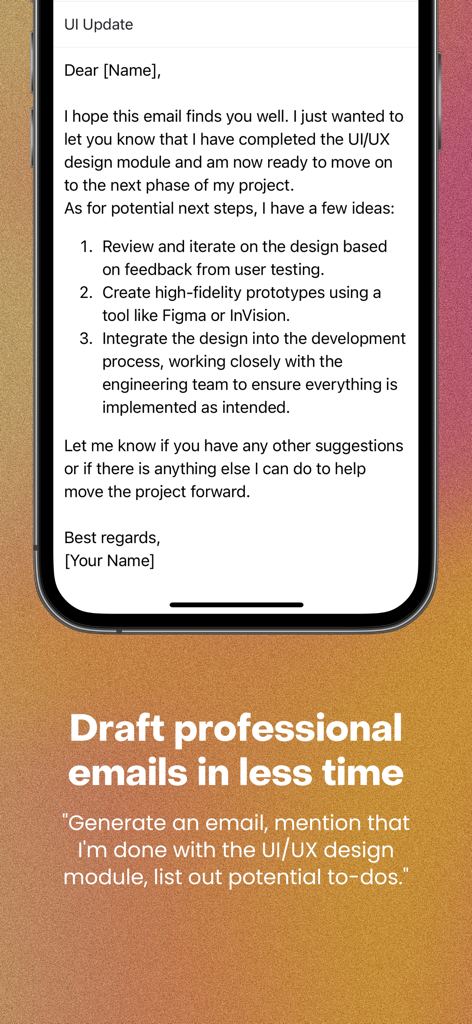 The Rizz app interface showing a professional AI-generated email draft for a UI UX design update.