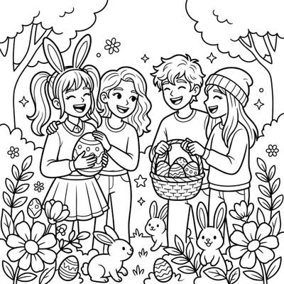 Gather your colored pencils for this delightful Easter coloring page featuring a group of smiling teenage friends. They're enjoying an egg hunt surrounded by cute bunnies, blooming flowers, and festive decorated eggs, capturing the joyous spirit of spring.