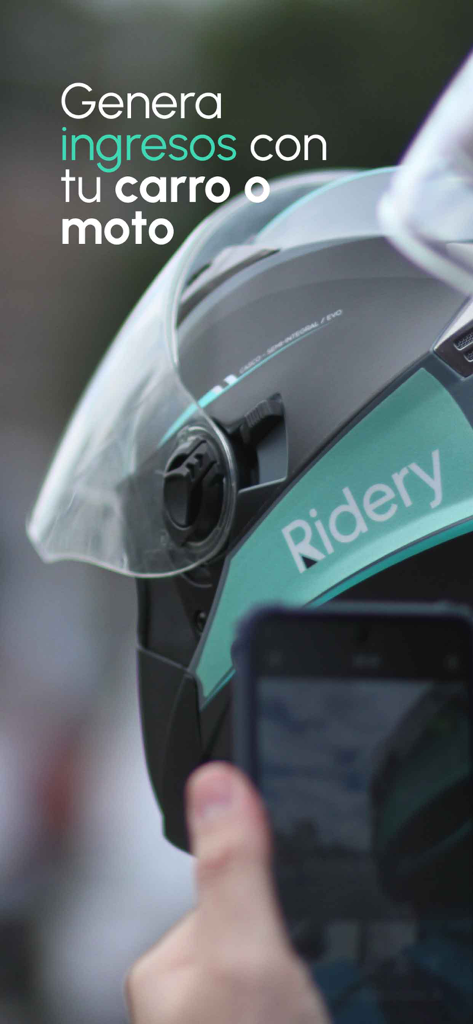 Ridery Drivers - A motorcycle helmet with the Ridery logo next to a person holding a smartphone