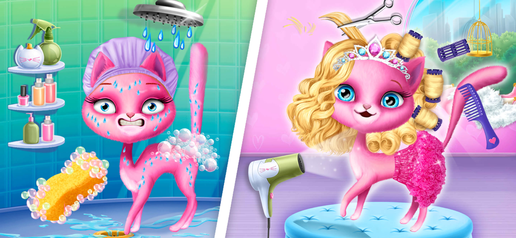 Cat Hair Salon Birthday Party - Una gatita rosa siendo lavada en una ducha y luego peinada con rizos rubios y una tiara en un salón de mascotas.