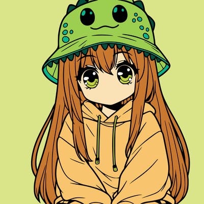 girl with anime shaped eyes with a dinosaur bucket hat oversized sweatshirt long straight hair
