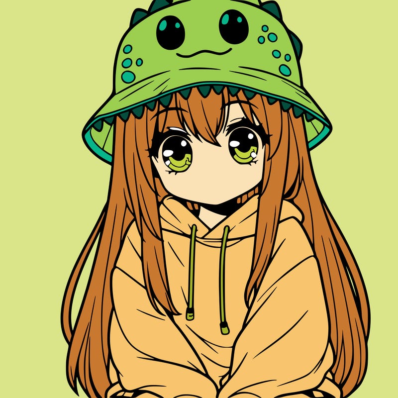 girl with anime shaped eyes with a dinosaur bucket hat oversized sweatshirt long straight hair