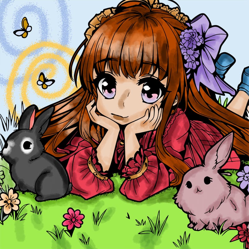 anime girl laying in grass with bunnies