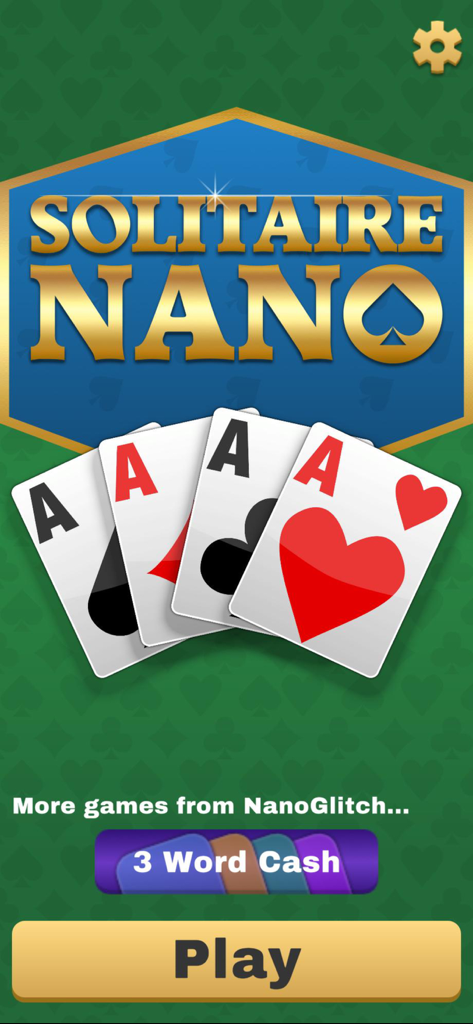 Solitaire Nano - Solitaire Nano app home screen showing the game logo with four aces and a gold play button on a green background