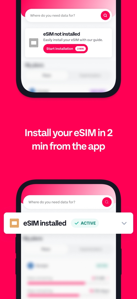 Two phone screens showing the 2-minute eSIM installation and activation process in the GoMoWorld app.