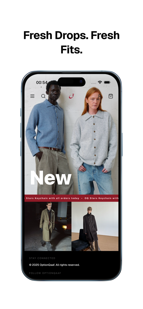 OptionQaaf - OptionQaaf App-Startbildschirm, der die neueste Streetwear-Kollektion und frische Outfits zeigt