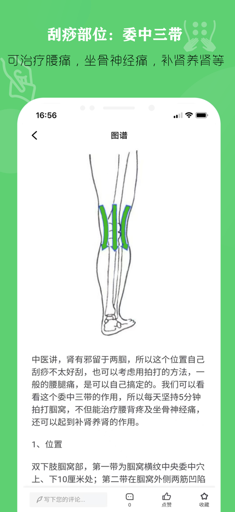 Diagram from the TCM Guasha Encyclopedia app showing leg treatment areas for back pain relief.