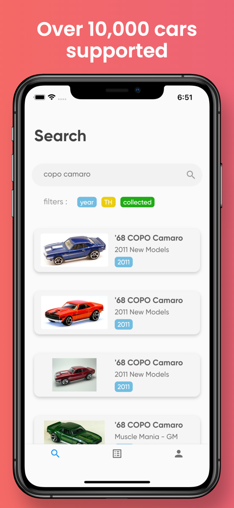 Collection Guide for Hotwheels - Interfaz de búsqueda de la aplicación Hot Wheels que muestra modelos COPO Camaro y filtros de colección