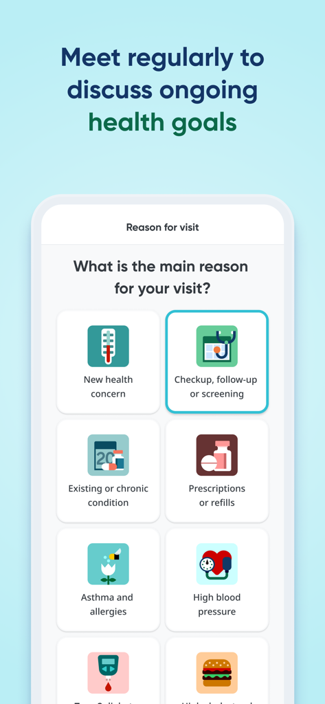 HealthTap app screen displaying various medical visit options including checkups and chronic condition management
