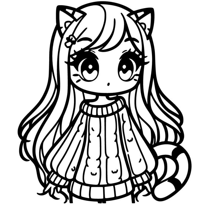 a girl with cat ears and a cat tail wearing a sweater dress with long hair