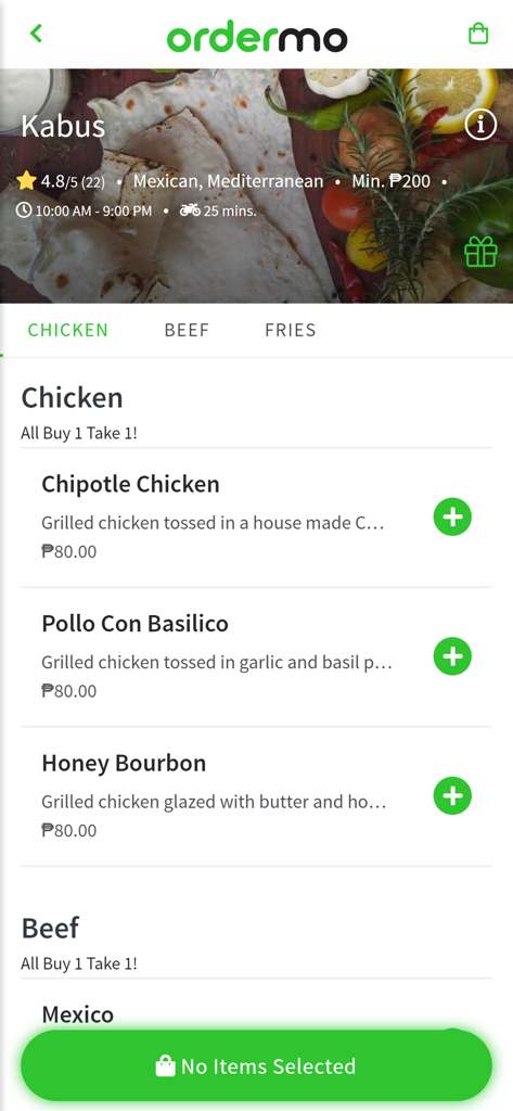 ordermo - Hassle-Free Delivery - Restaurant menu on Ordermo app showing food items and buy one take one deals