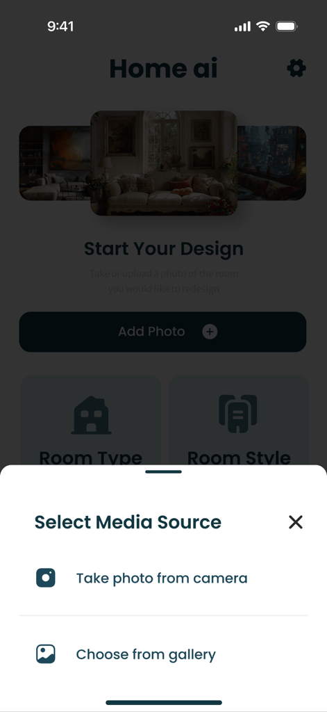 Mobile app interface showing the media source selection to take a photo or choose from gallery for room redesign