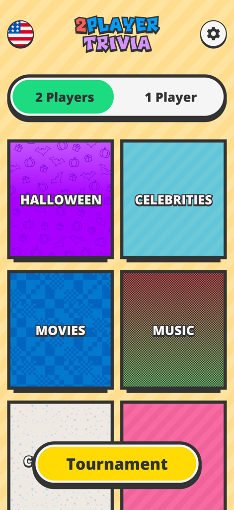2 Player Trivia - Category selection screen for 2 Player Trivia app with Halloween and Celebrities options
