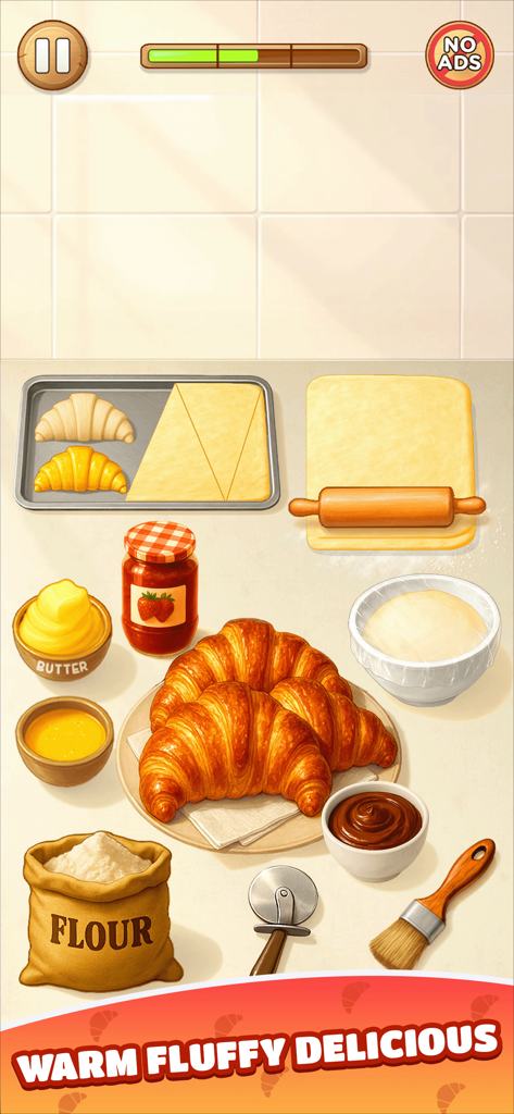 Cooking ASMR: Foodie Cook Game - 料理ASMRでクロワッサンを焼くための材料と道具を示すゲームプレイのスクリーンショット