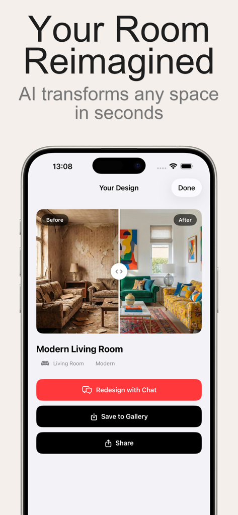 AI Home Design - Room Decor - AI home design app showing a before and after living room transformation