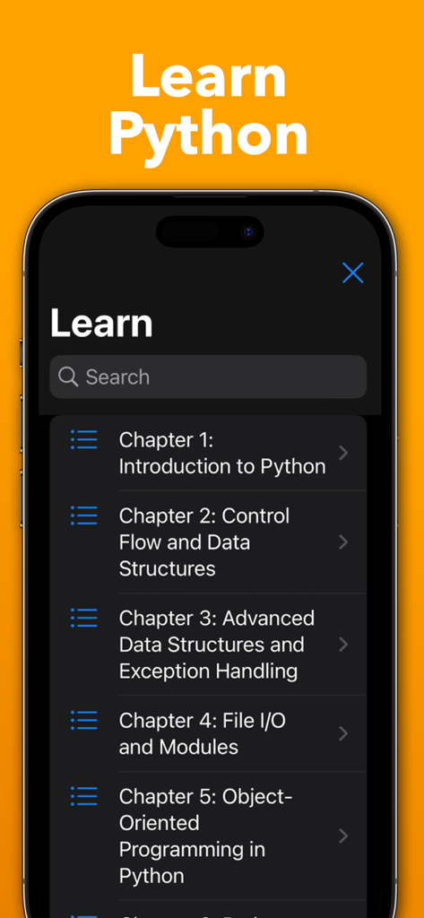 A mobile interface showing a list of Python course chapters for learning programming