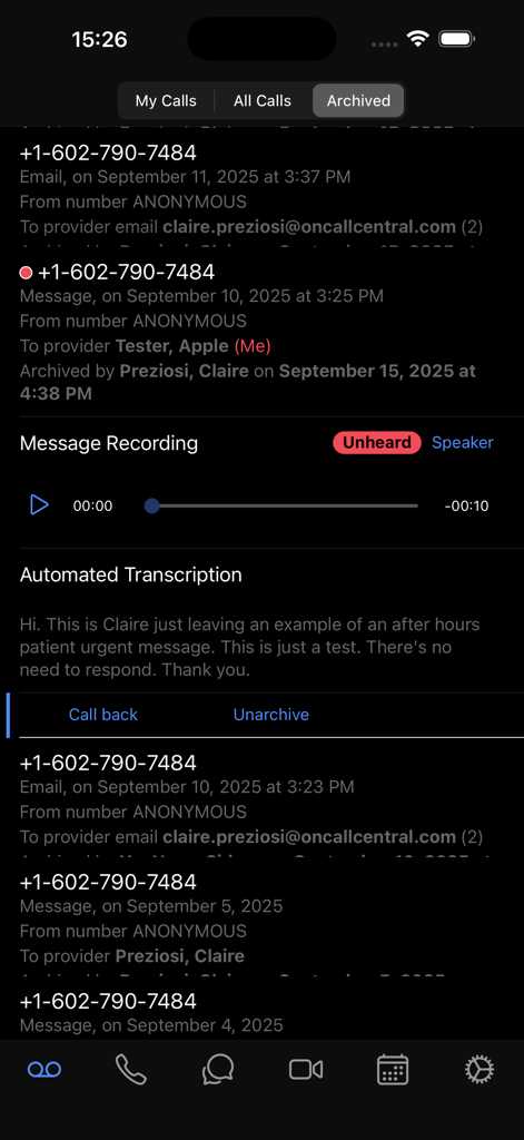 Smartphone screen showing an archived patient message with audio playback and automated transcription in the On Call Central medical app.