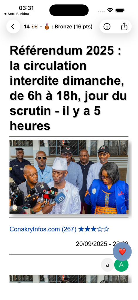 Actu Guinée - infos complètes - A news article headline about the 2025 referendum in Guinea displayed on the Actu Guinee mobile app
