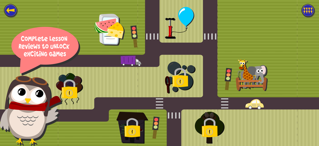 A cartoon map in the Gus on the Go Spanish app showing Gus the owl and locked educational games