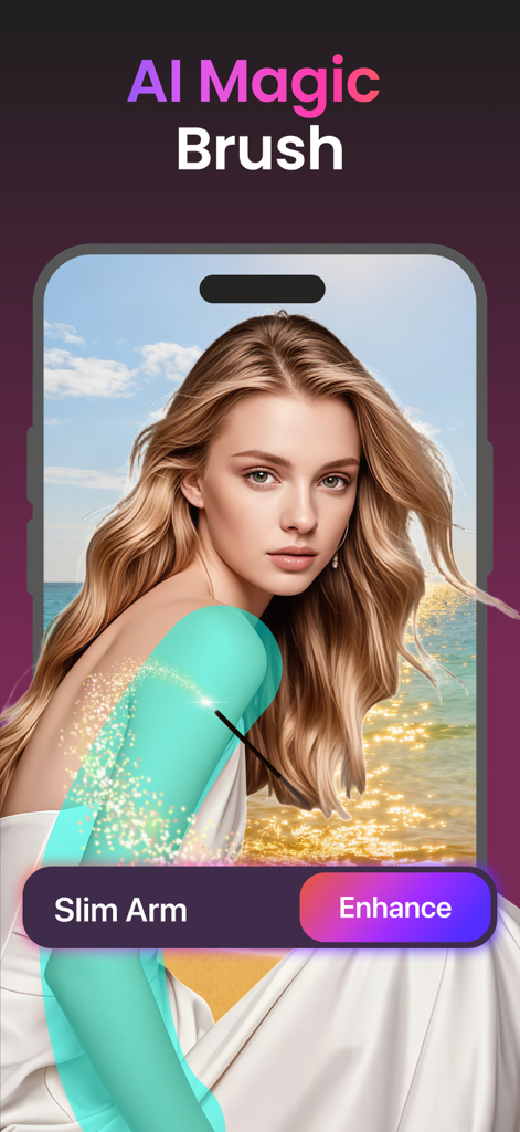 Mobile app interface showing the AI Magic Brush tool being used to slim a woman's arm in a portrait photo