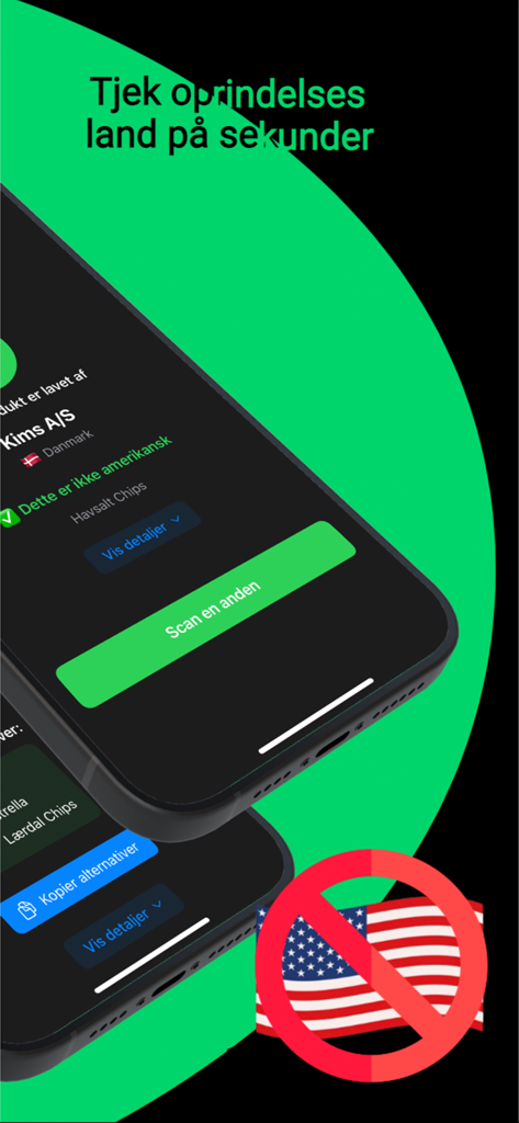 UdenUSA App-Oberfläche, die ein Produkt-Scan-Ergebnis für eine dänische Marke anzeigt und bestätigt, dass diese nicht amerikanisch ist