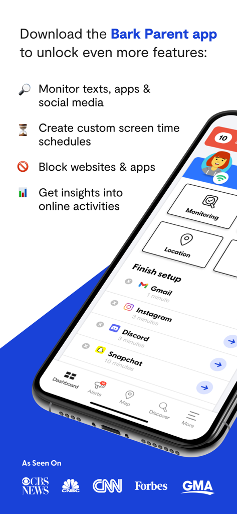 Bark Parent app interface showing parental control features like text monitoring and screen time management.