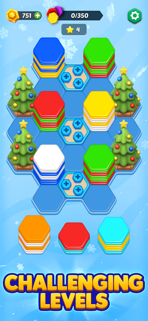 HexaGo Sorting Puzzle gameplay showing colorful hexagon stacks on a board with Christmas trees and a winter background.