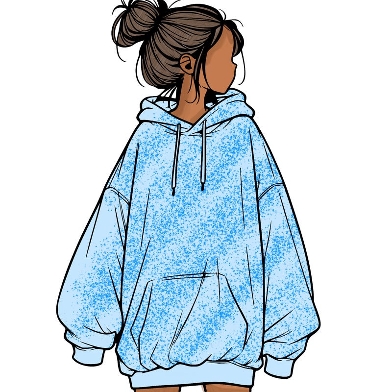 realistic girl with a oversized sweatshirt on and a bun