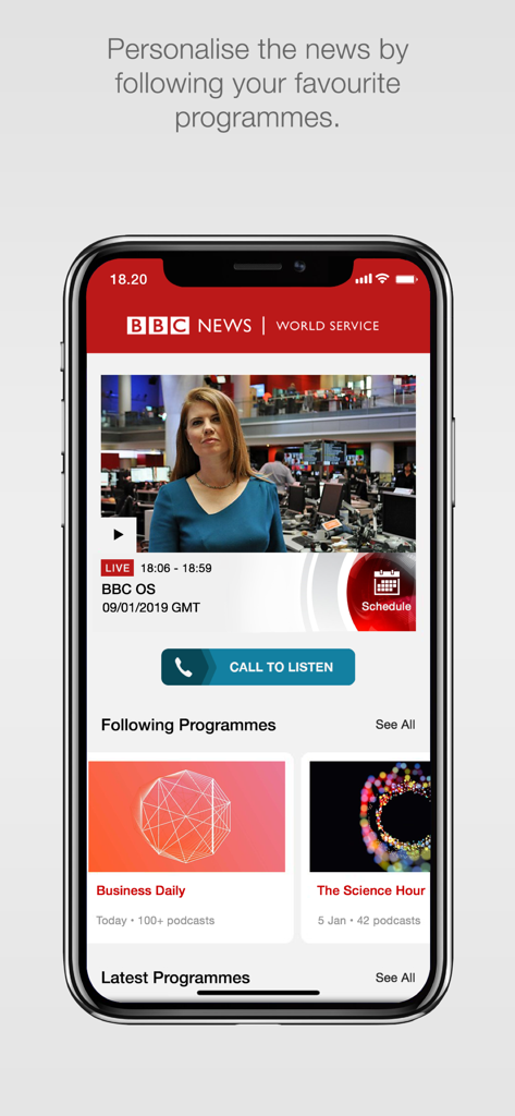 BBC World Service mobile app interface showing live news and personalized programmes