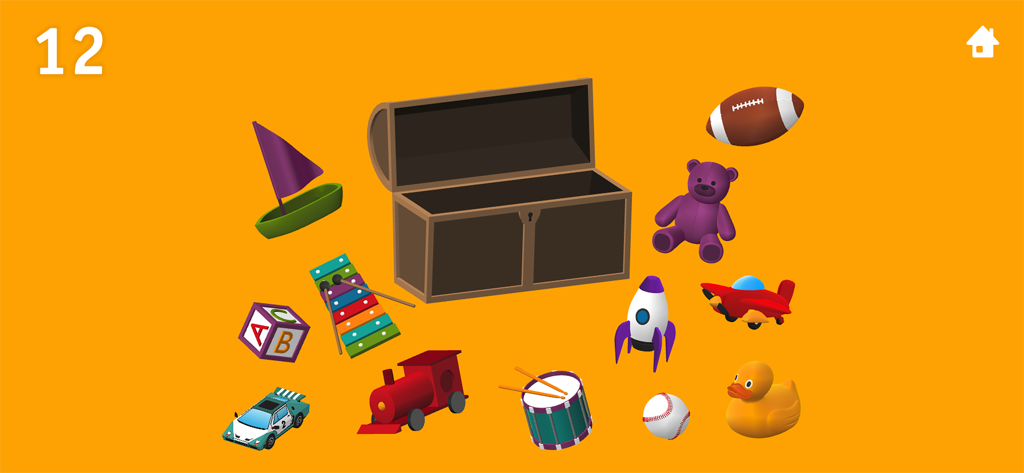 TallyTots Counting 123 Game - Educational game screen showing a toy chest and twelve different toys for children to count