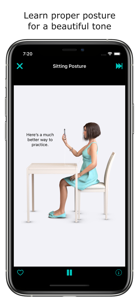 Tela do aplicativo Erol Singer's Studio mostrando uma ilustração 3D da postura correta para praticar canto.