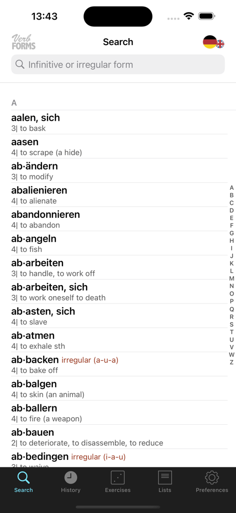 Alphabetical list of German verbs with English translations and frequency data in the VerbForms Deutsch app.