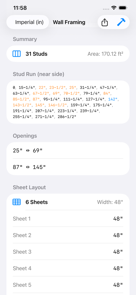 Stud Framing Layout Calculator - Summary screen of a framing calculator showing stud count measurements and sheet layout