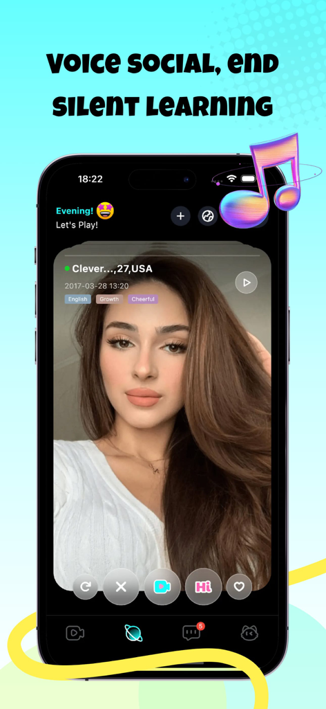 Hipub - Uma tela de aplicativo móvel para Hipub exibindo o slogan Voice Social End Silent Learning e um perfil para intercâmbio de idiomas.