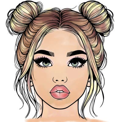 realistic girl with two buns on her hair and lips