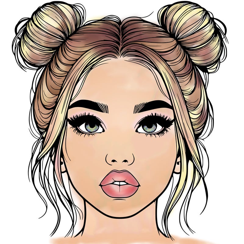 realistic girl with two buns on her hair and lips