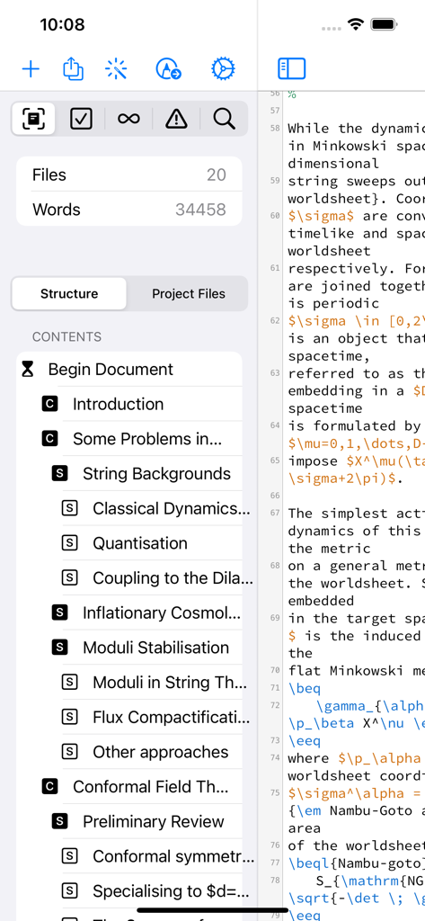 Texifier : LaTeX editor - Texifier app interface showing document outline and LaTeX code editor
