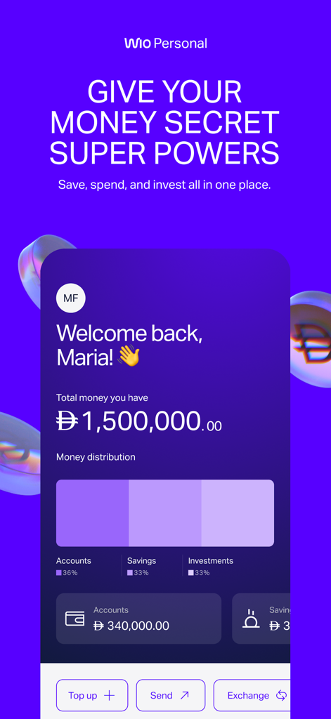 Écran d'accueil de l'application bancaire mobile Wio Personal montrant le solde du compte et la répartition financière