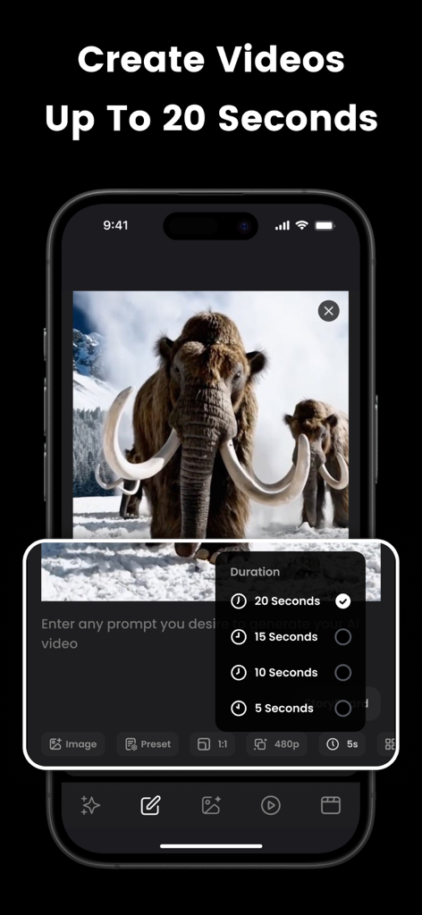 AI video generator app interface showing video duration selection options and an AI generated mammoth image